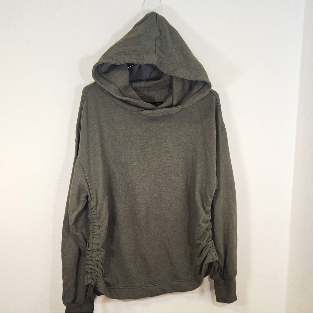 Aerie Green Solid Fleece Pullover Hoodie Ruched Sides MED Lounge Relax, Cottage